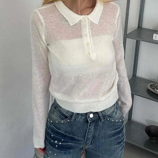 Delicate Fit See-through Button Collar Crop Knit T-shirt