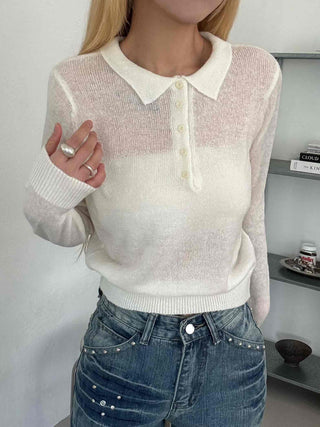 Delicate Fit See-through Button Collar Crop Knit T-shirt