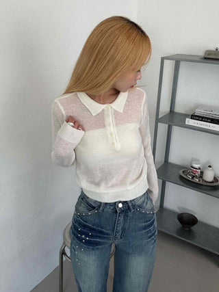 Delicate Fit See-through Button Collar Crop Knit T-shirt
