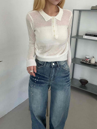 Delicate Fit See-through Button Collar Crop Knit T-shirt