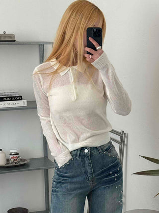 Delicate Fit See-through Button Collar Crop Knit T-shirt