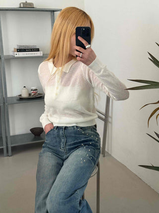 Delicate Fit See-through Button Collar Crop Knit T-shirt