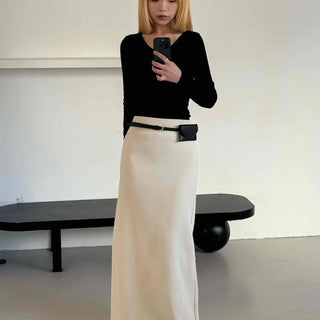 Belted Wrap Diagonal Cut Wool Touch Long Skirt