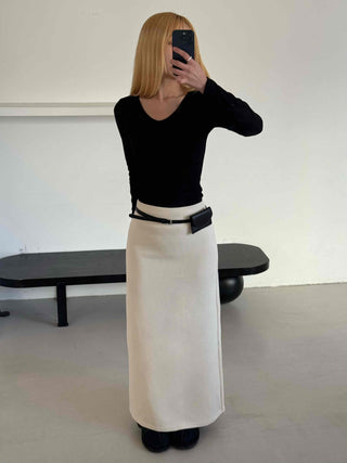 Belted Wrap Diagonal Cut Wool Touch Long Skirt