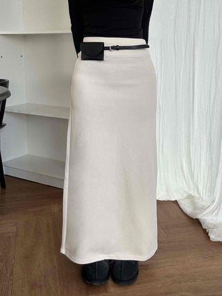 Belted Wrap Diagonal Cut Wool Touch Long Skirt