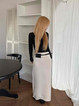 Belted Wrap Diagonal Cut Wool Touch Long Skirt