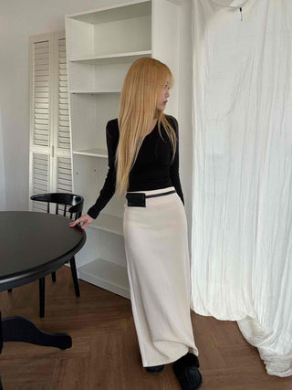 Belted Wrap Diagonal Cut Wool Touch Long Skirt