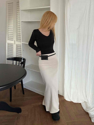 Belted Wrap Diagonal Cut Wool Touch Long Skirt