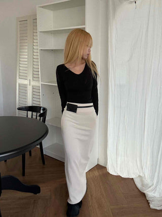 Belted Wrap Diagonal Cut Wool Touch Long Skirt