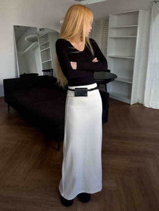 Belted Wrap Diagonal Cut Wool Touch Long Skirt