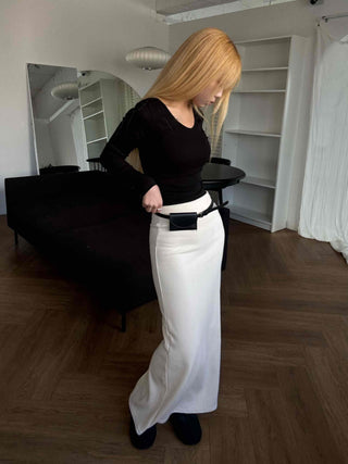 Belted Wrap Diagonal Cut Wool Touch Long Skirt