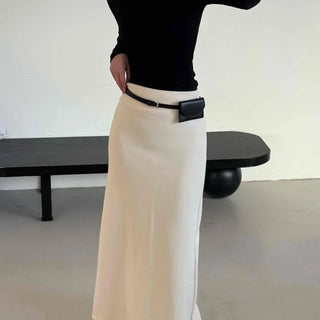 Belted Wrap Diagonal Cut Wool Touch Long Skirt