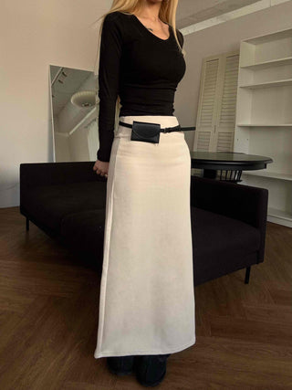 Belted Wrap Diagonal Cut Wool Touch Long Skirt