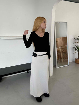 Belted Wrap Diagonal Cut Wool Touch Long Skirt