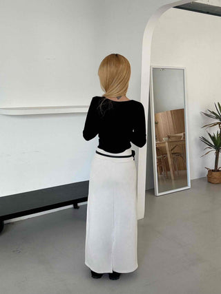 Belted Wrap Diagonal Cut Wool Touch Long Skirt