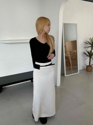 Belted Wrap Diagonal Cut Wool Touch Long Skirt
