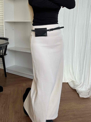 Belted Wrap Diagonal Cut Wool Touch Long Skirt