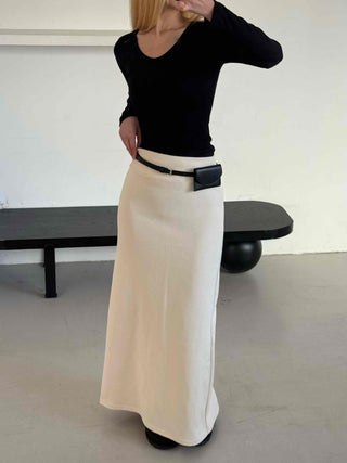 Belted Wrap Diagonal Cut Wool Touch Long Skirt