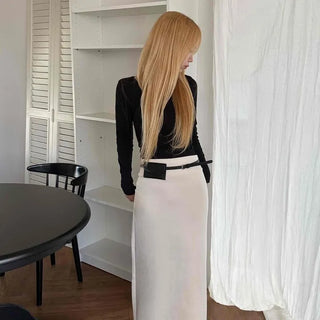 Belted Wrap Diagonal Cut Wool Touch Long Skirt