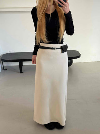 Belted Wrap Diagonal Cut Wool Touch Long Skirt