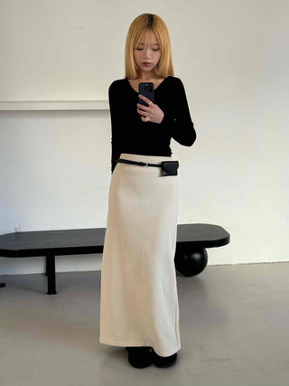 Belted Wrap Diagonal Cut Wool Touch Long Skirt