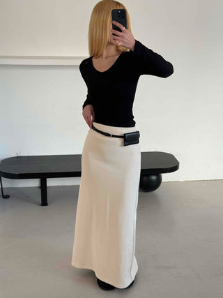 Belted Wrap Diagonal Cut Wool Touch Long Skirt
