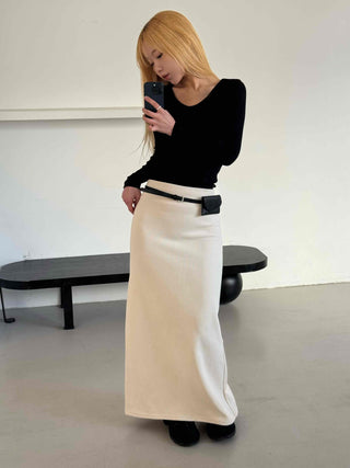 Belted Wrap Diagonal Cut Wool Touch Long Skirt