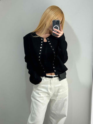 Chanel Style Tweed Gold Button Crop Jacket