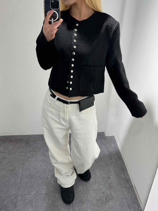 Chanel Style Tweed Gold Button Crop Jacket