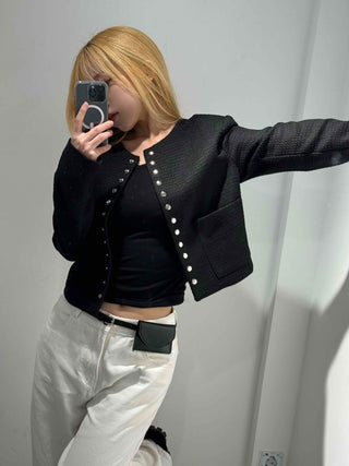 Chanel Style Tweed Gold Button Crop Jacket
