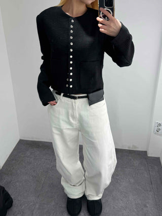 Chanel Style Tweed Gold Button Crop Jacket