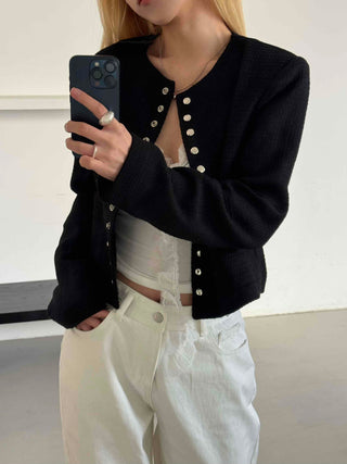 Chanel Style Tweed Gold Button Crop Jacket