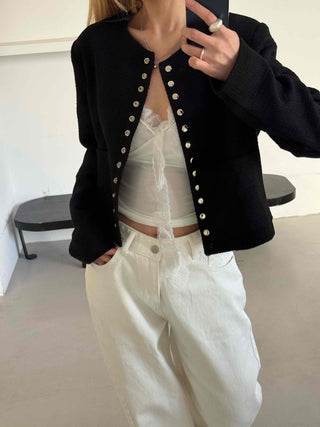 Chanel Style Tweed Gold Button Crop Jacket