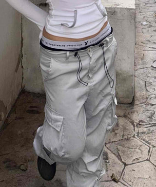 Loose-fit techwear string flap cargo pants