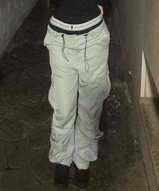 Loose-fit techwear string flap cargo pants