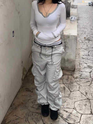 Loose-fit techwear string flap cargo pants