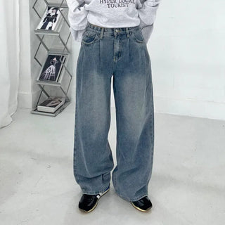 Bead-washed pintuck wide denim pants