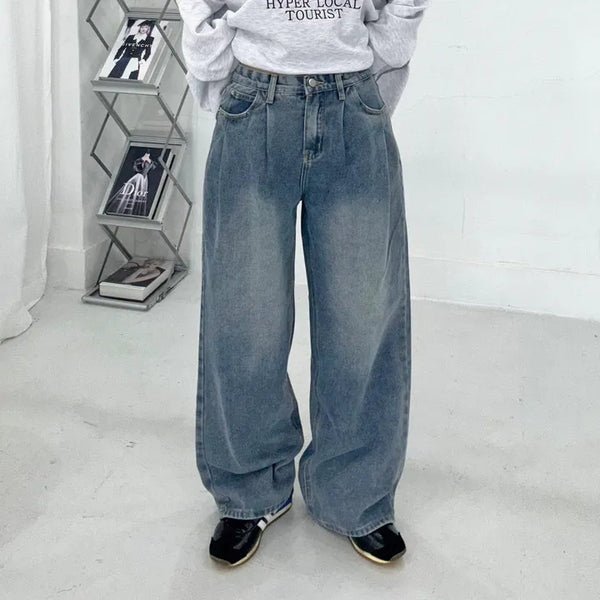 Bead-washed pintuck wide denim pants