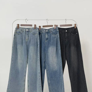 Bead-washed pintuck wide denim pants