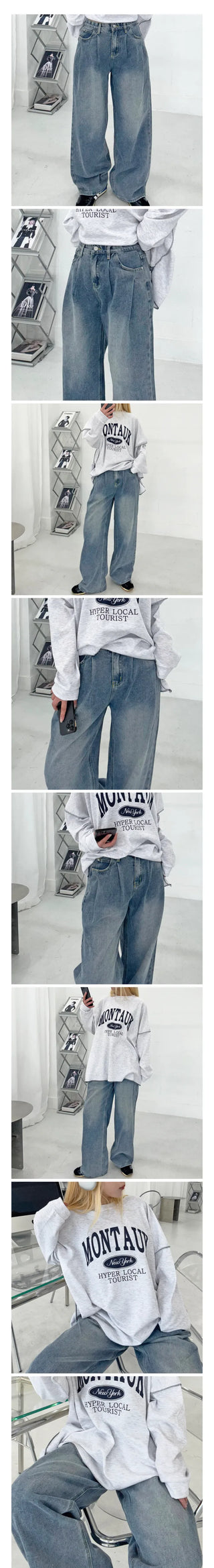 Bead-washed pintuck wide denim pants