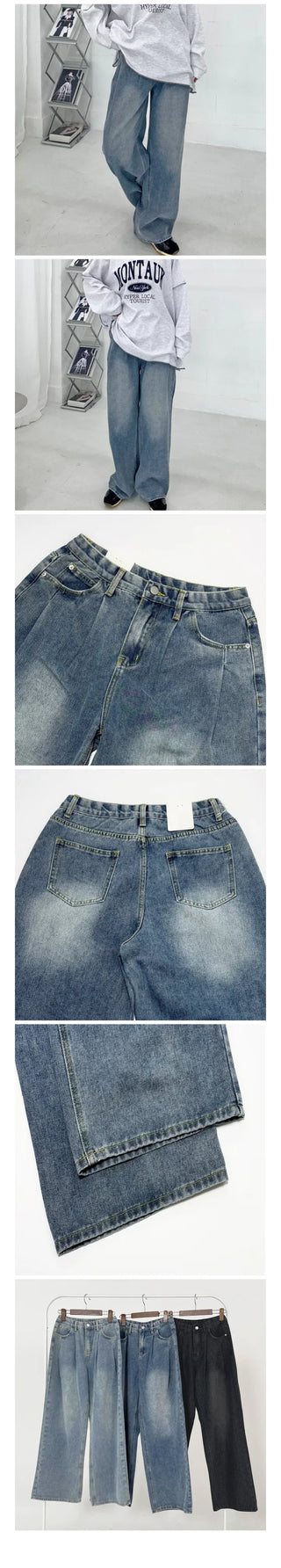 Bead-washed pintuck wide denim pants