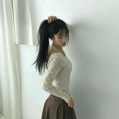 Feminine Lace Square Neck Puff Sleeve Cropped Long Sleeve T-shirt