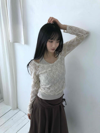 Feminine Lace Square Neck Puff Sleeve Cropped Long Sleeve T-shirt