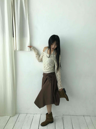 Feminine Lace Square Neck Puff Sleeve Cropped Long Sleeve T-shirt