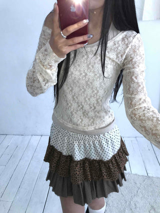 Feminine Lace Square Neck Puff Sleeve Cropped Long Sleeve T-shirt