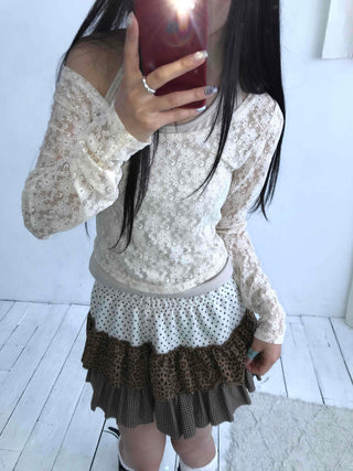 Feminine Lace Square Neck Puff Sleeve Cropped Long Sleeve T-shirt