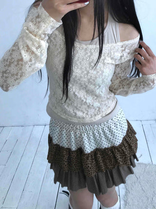 Feminine Lace Square Neck Puff Sleeve Cropped Long Sleeve T-shirt