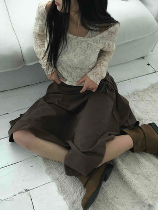 Feminine Lace Square Neck Puff Sleeve Cropped Long Sleeve T-shirt