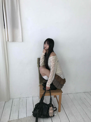 Feminine Lace Square Neck Puff Sleeve Cropped Long Sleeve T-shirt