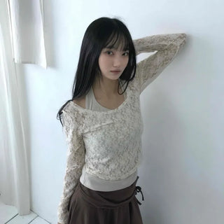 Feminine Lace Square Neck Puff Sleeve Cropped Long Sleeve T-shirt